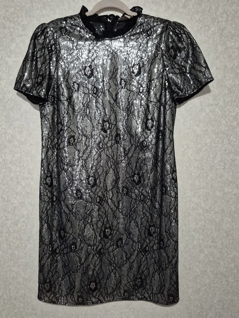 Michael Kors Silver Metallic Lace-Overlay Puff Sleeve Shift Dress-Size:L